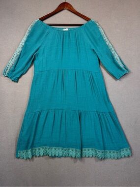 Sapphire Turquoise Boho Crochet Trim Peasant Ruffle Dress, Medium